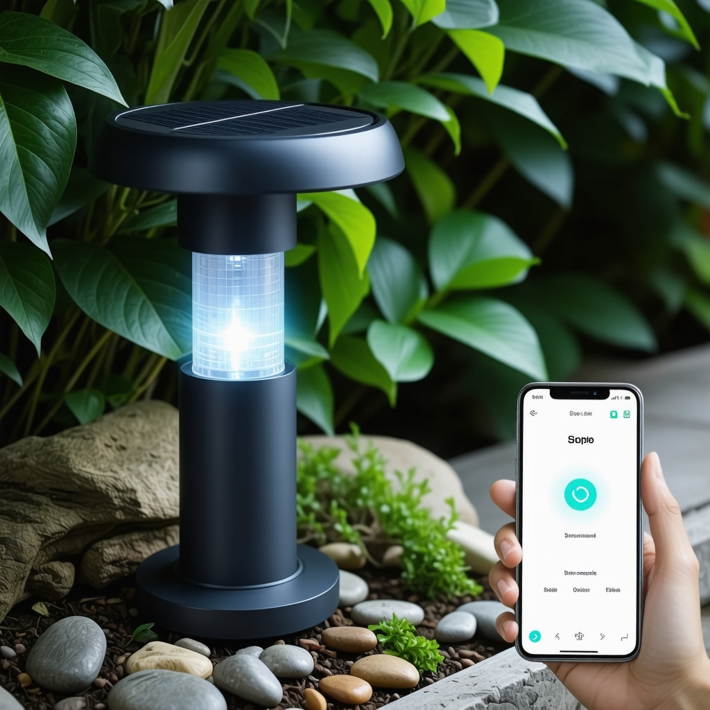 Advanced garden lamp featuring layered lighting effects, solar panels, natural materials, and smartphone IoT control in a garden environment
