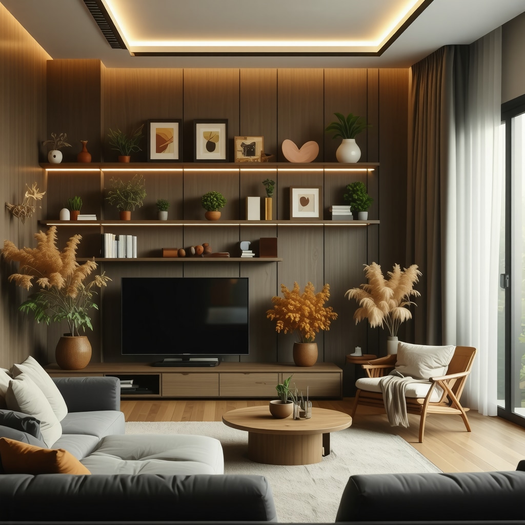 Cozy living room with advanced DIY shelves featuring LED lighting and eco-friendly decorations