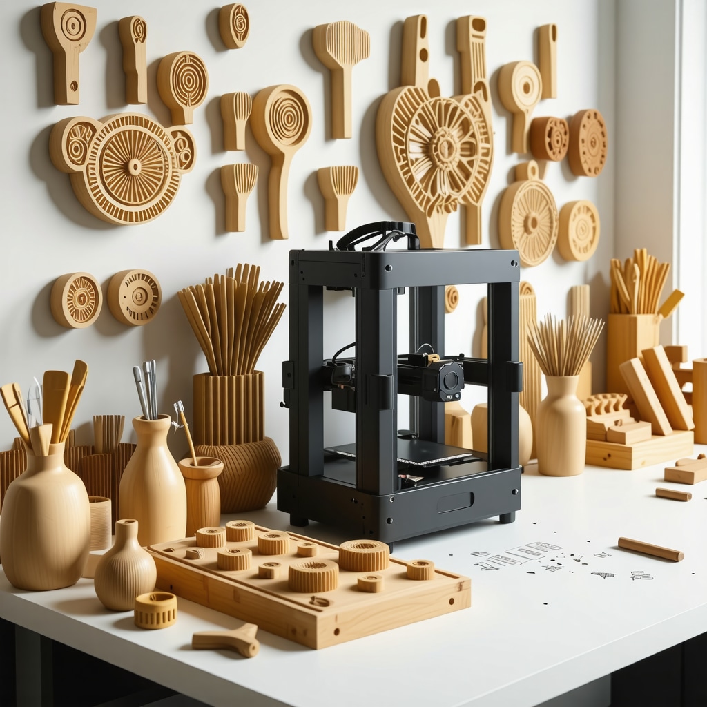 DIY workshop with 3D printer, woodworking tools, and detailed decorative items