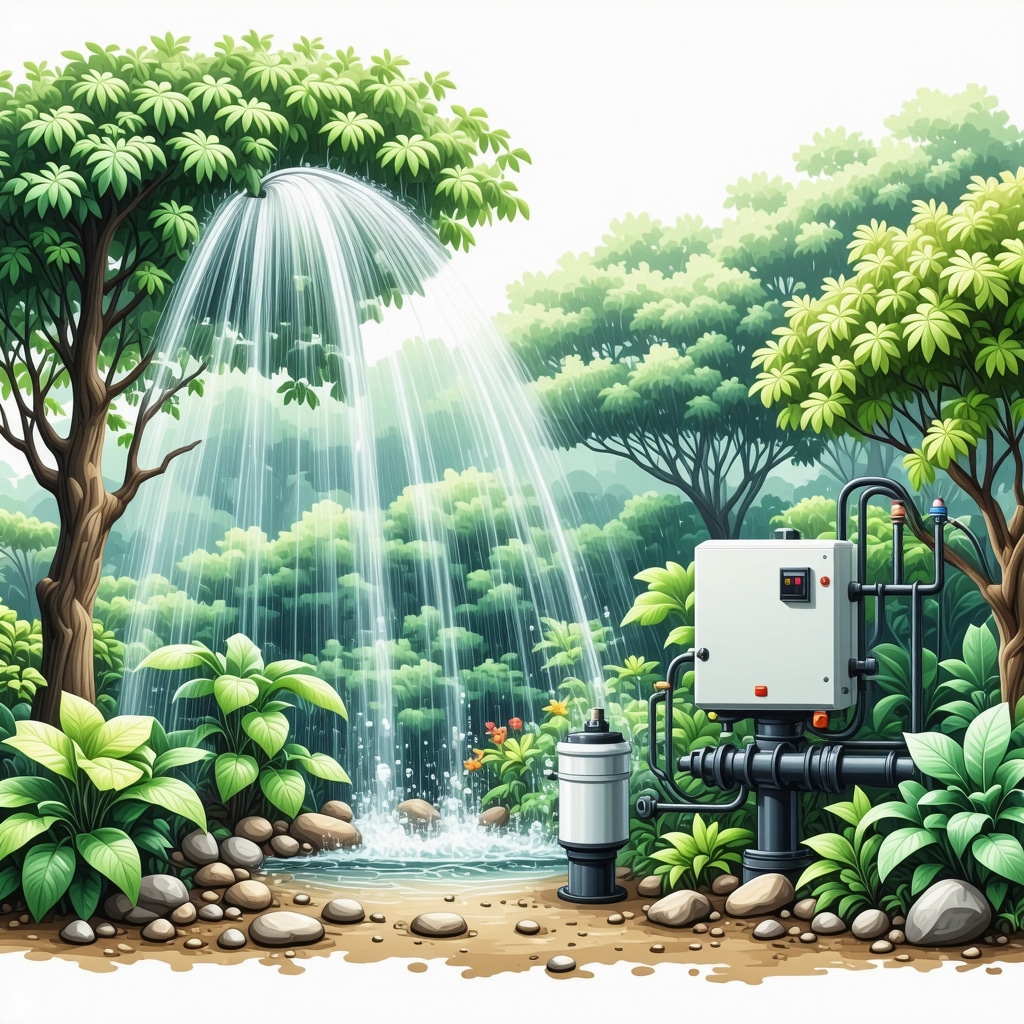 Schematic of a natural garden irrigation system featuring moisture sensors, automated valves, and filtration in a green garden