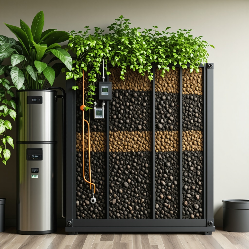 Illustration of an advanced DIY home composting system featuring biochar layers, digital monitoring sensors, rainwater harvesting, and vertical garden integration