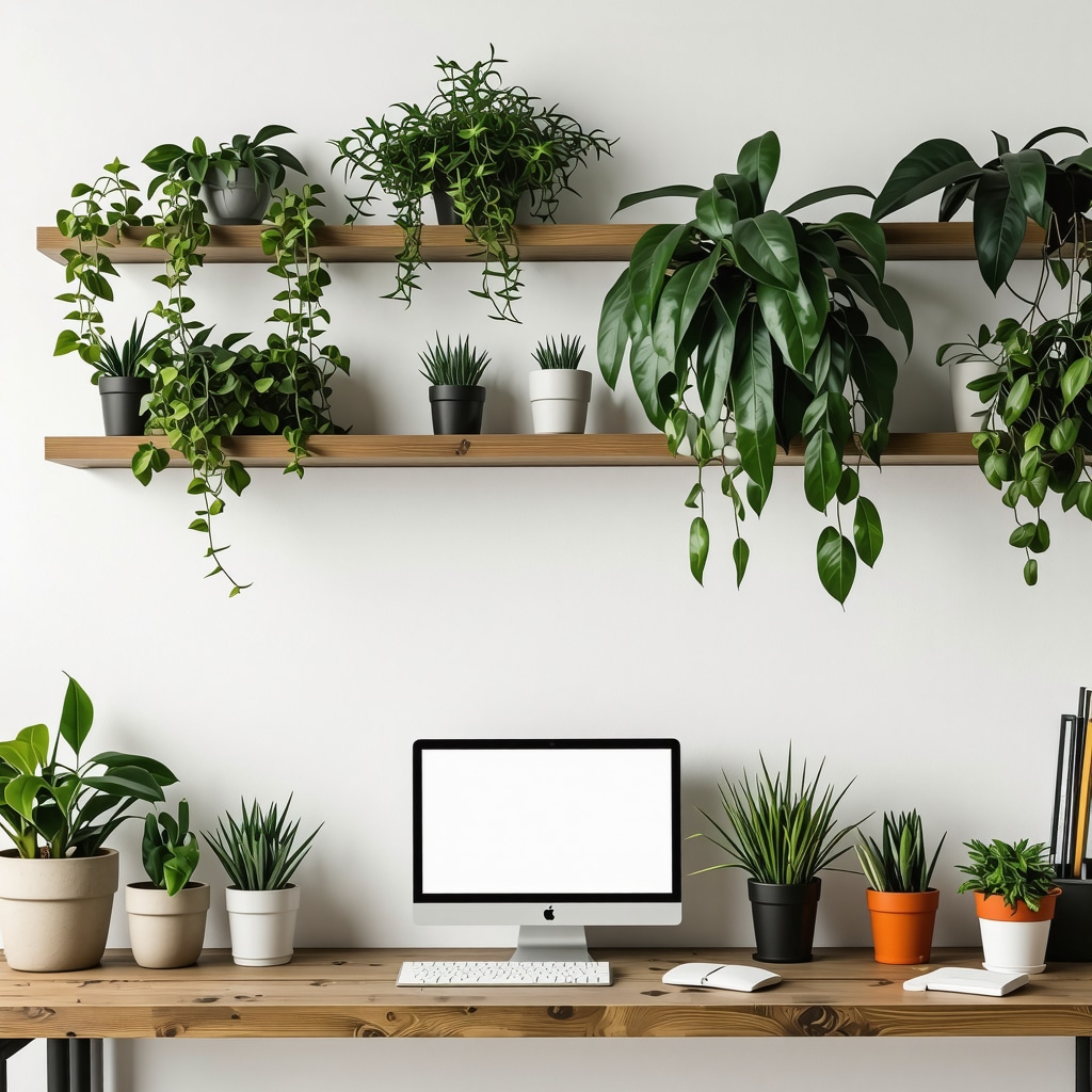 Cozy DIY home workspace featuring wooden shelves with plants and handmade decorations