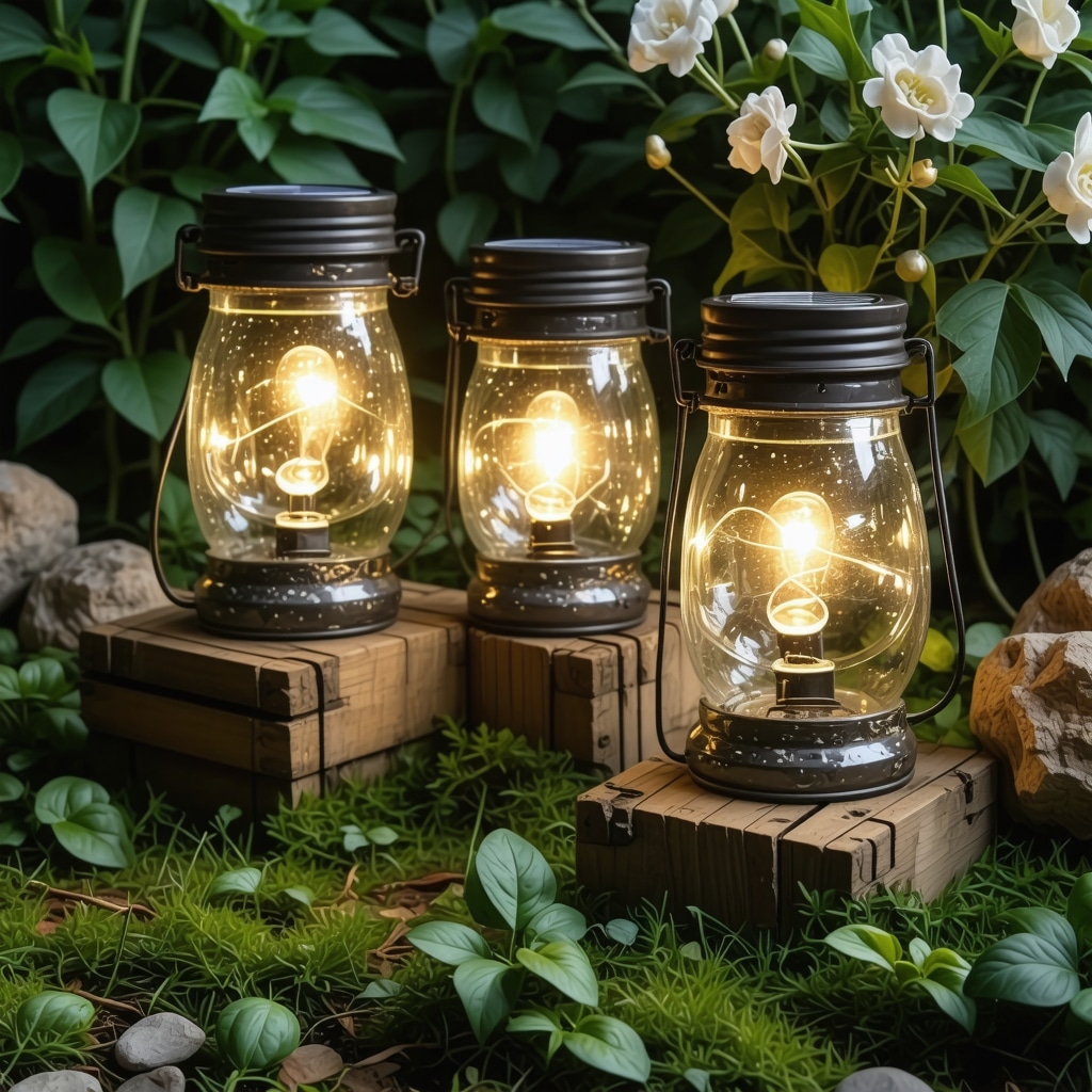 Creative recycled garden lamps made from jars, tins, and wood boxes with solar LED lights in garden