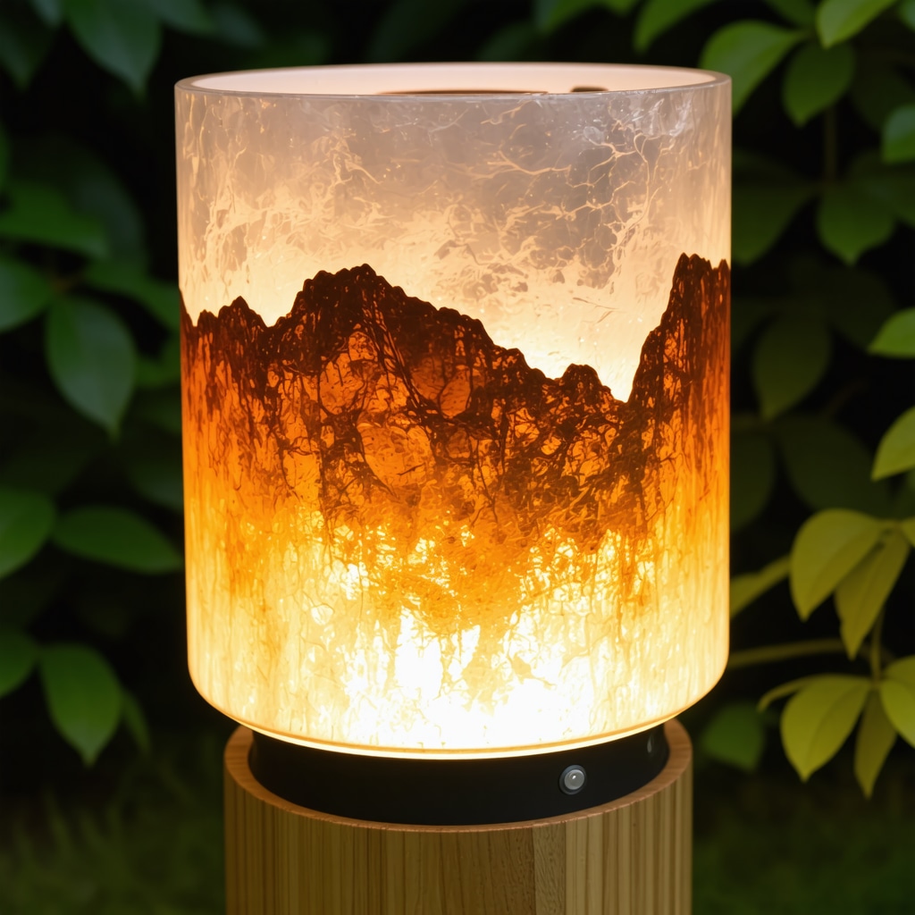 Close-up of a handcrafted DIY garden lamp made from copper, resin, and wood glowing warmly in a garden during dusk