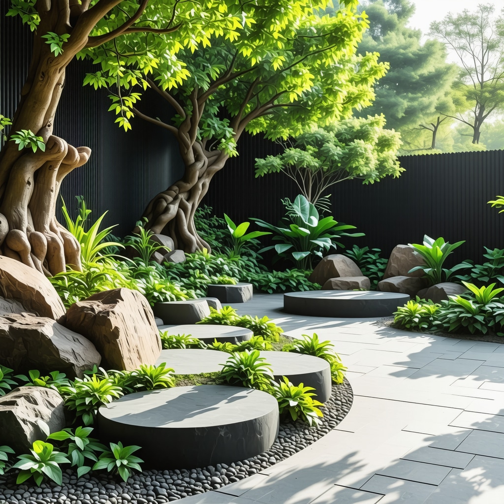 Garden showcasing advanced DIY decorations using bio-composites and smart systems, blending with natural seasonal environment