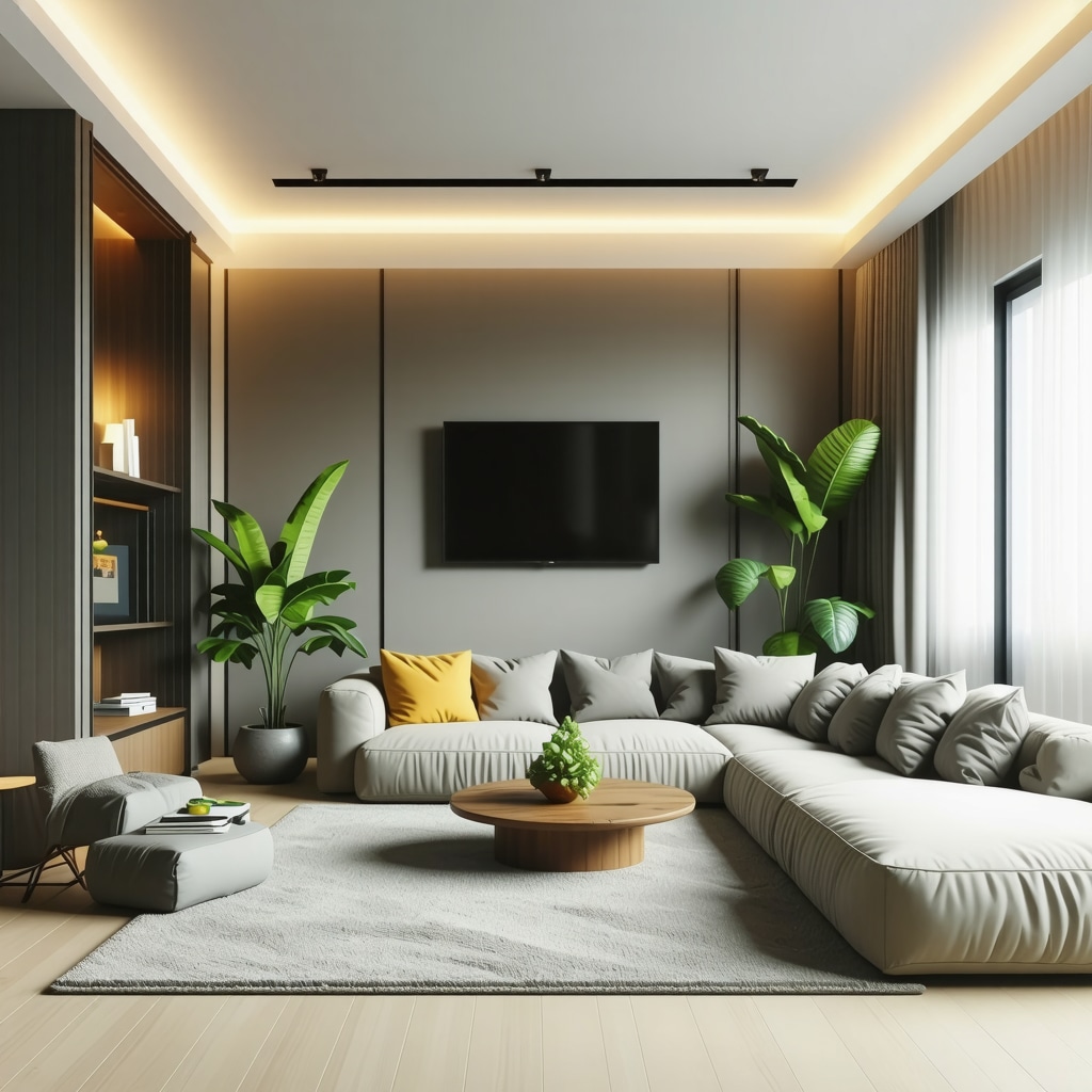Contemporary DIY functional room featuring smart LED lighting, sustainable materials, and modular furniture