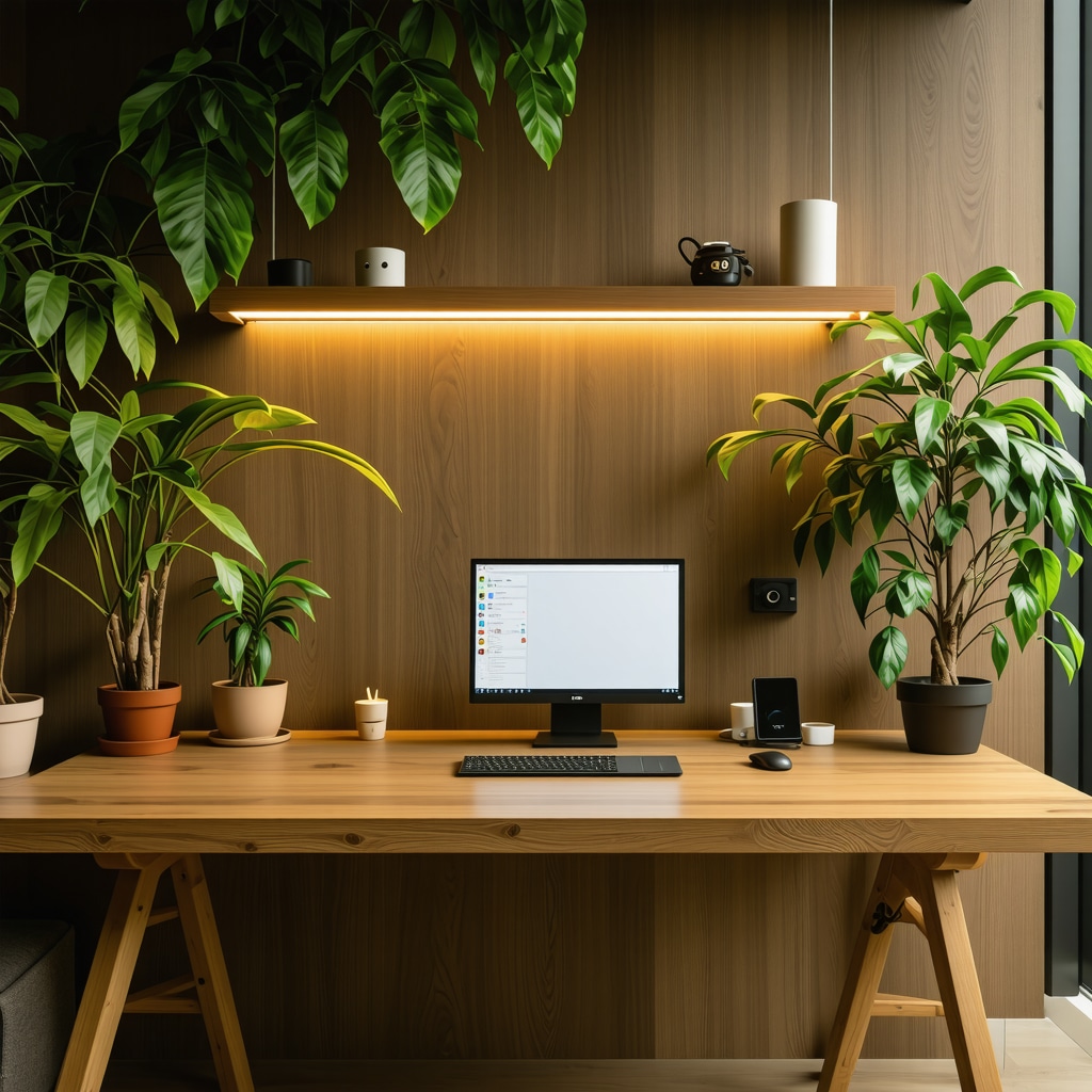 DIY workspace with smart lighting, eco-friendly wooden furniture, and wireless charging stations