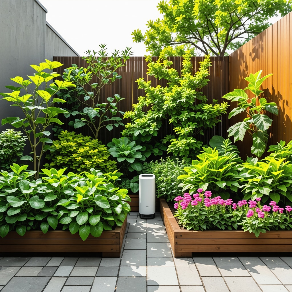 Small urban garden featuring permaculture planting and smart automated irrigation system