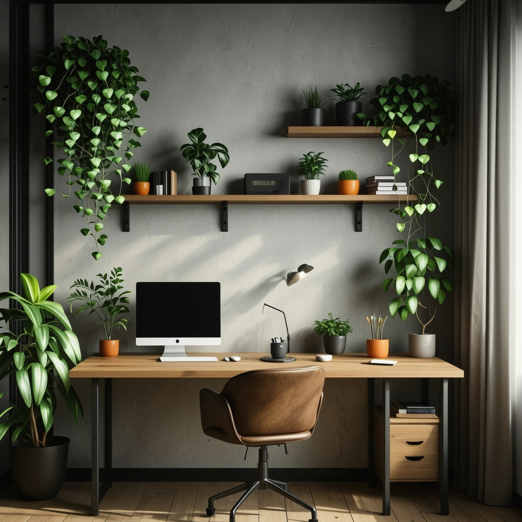 Modern DIY home office workspace featuring ergonomic furniture, smart lighting, and modular storage