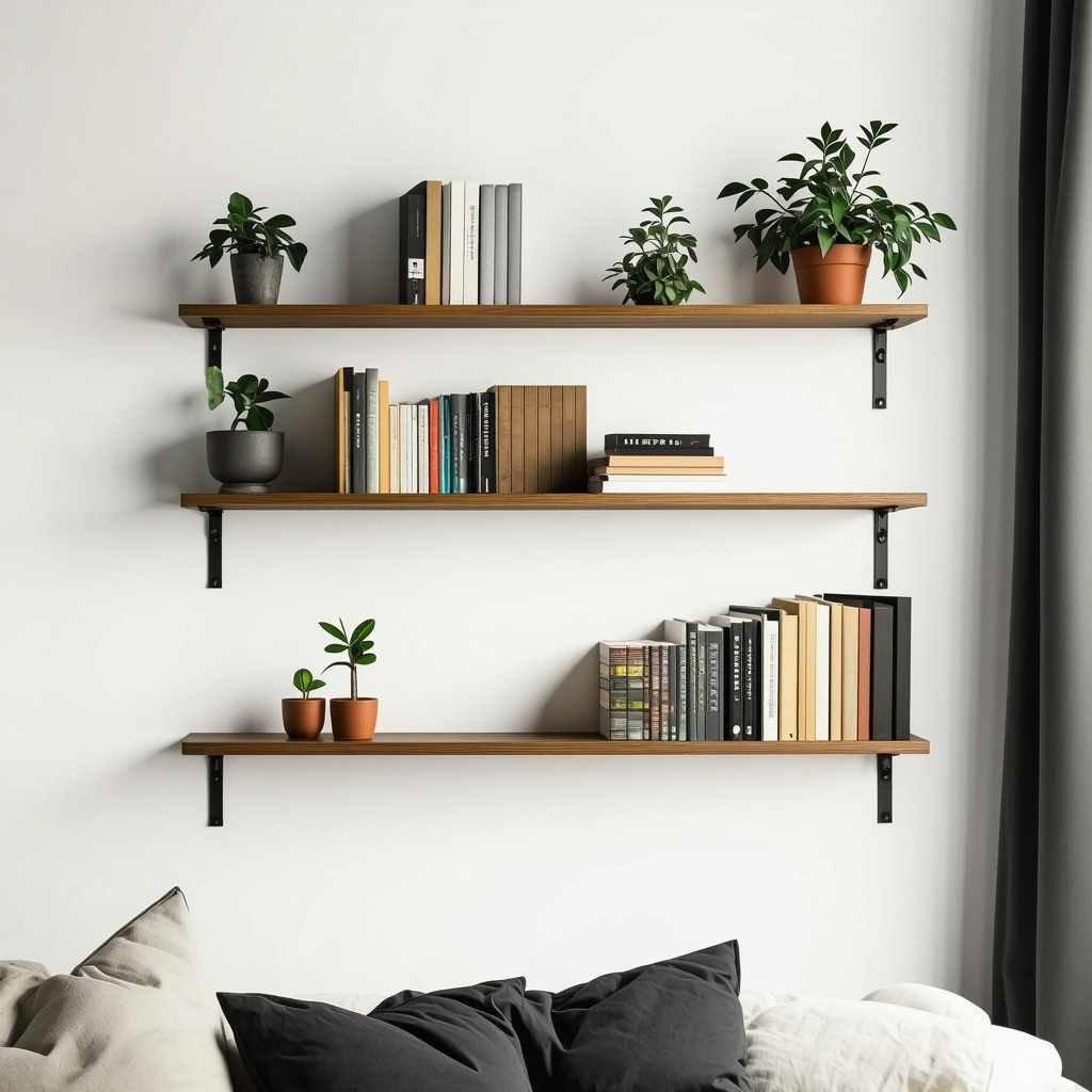 A modern DIY wall shelf with modular wooden and metal parts in a small urban apartment, showcasing advanced materials and multifunctional design