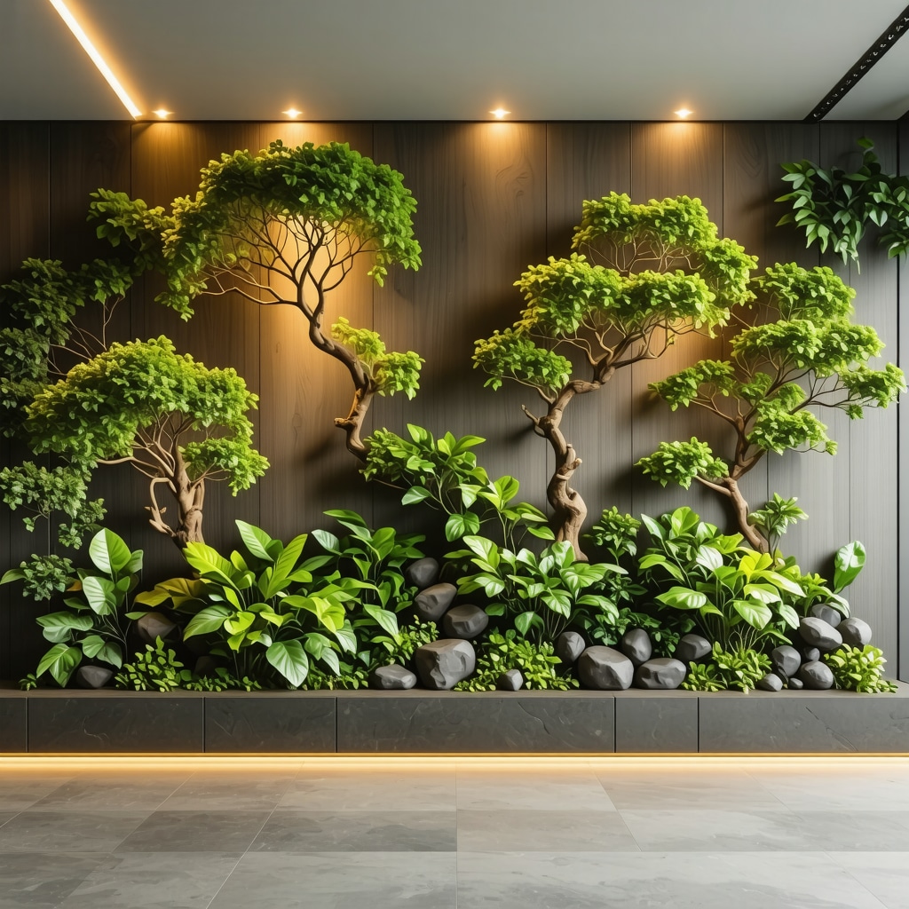 DIY wall decoration combining natural materials and smart LED lights in a contemporary home setting