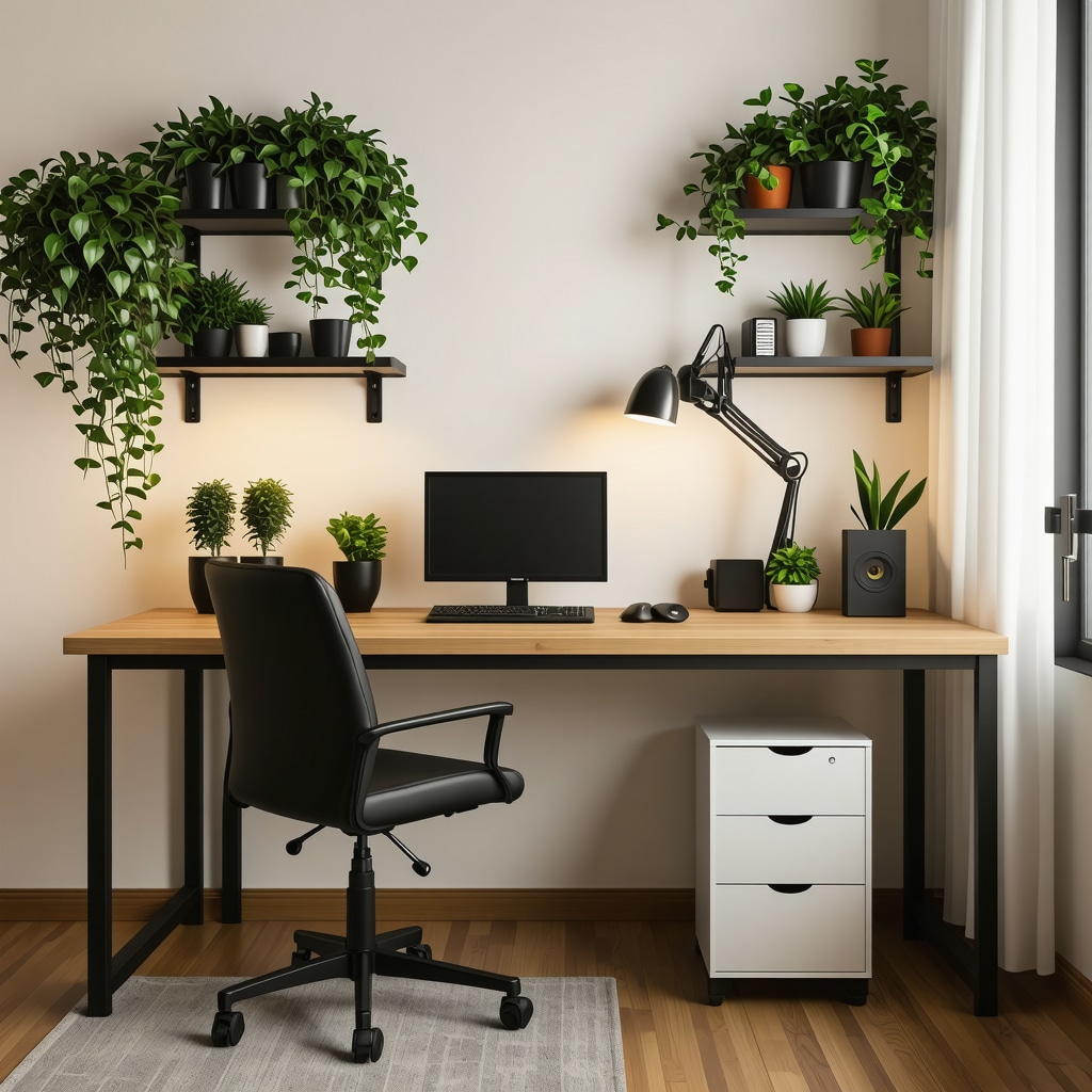 DIY home office with ergonomic chair, adjustable desk, smart lighting, and organized shelves with plants and gadgets