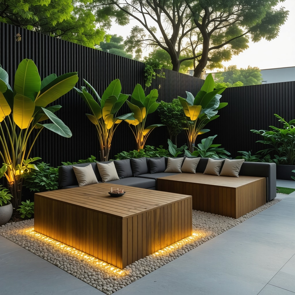 Contemporary DIY garden featuring multifunctional wooden furniture equipped with LED lights and smart moisture sensors