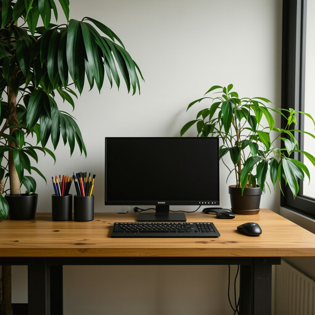 Ergonomic home office featuring smart lighting, wireless charging desk, cable management, wooden accents, and green plants