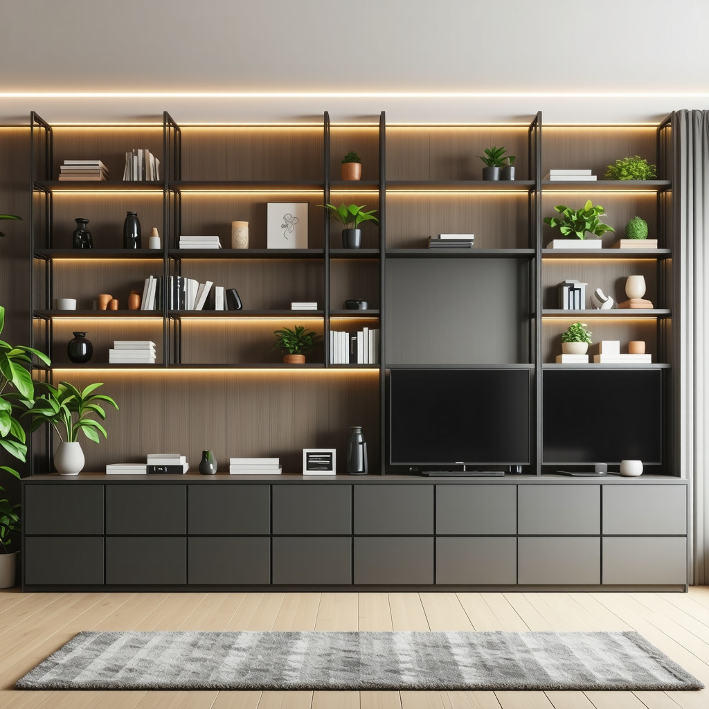 Interior view of a home with DIY modular shelves equipped with smart sensors and ambient lighting