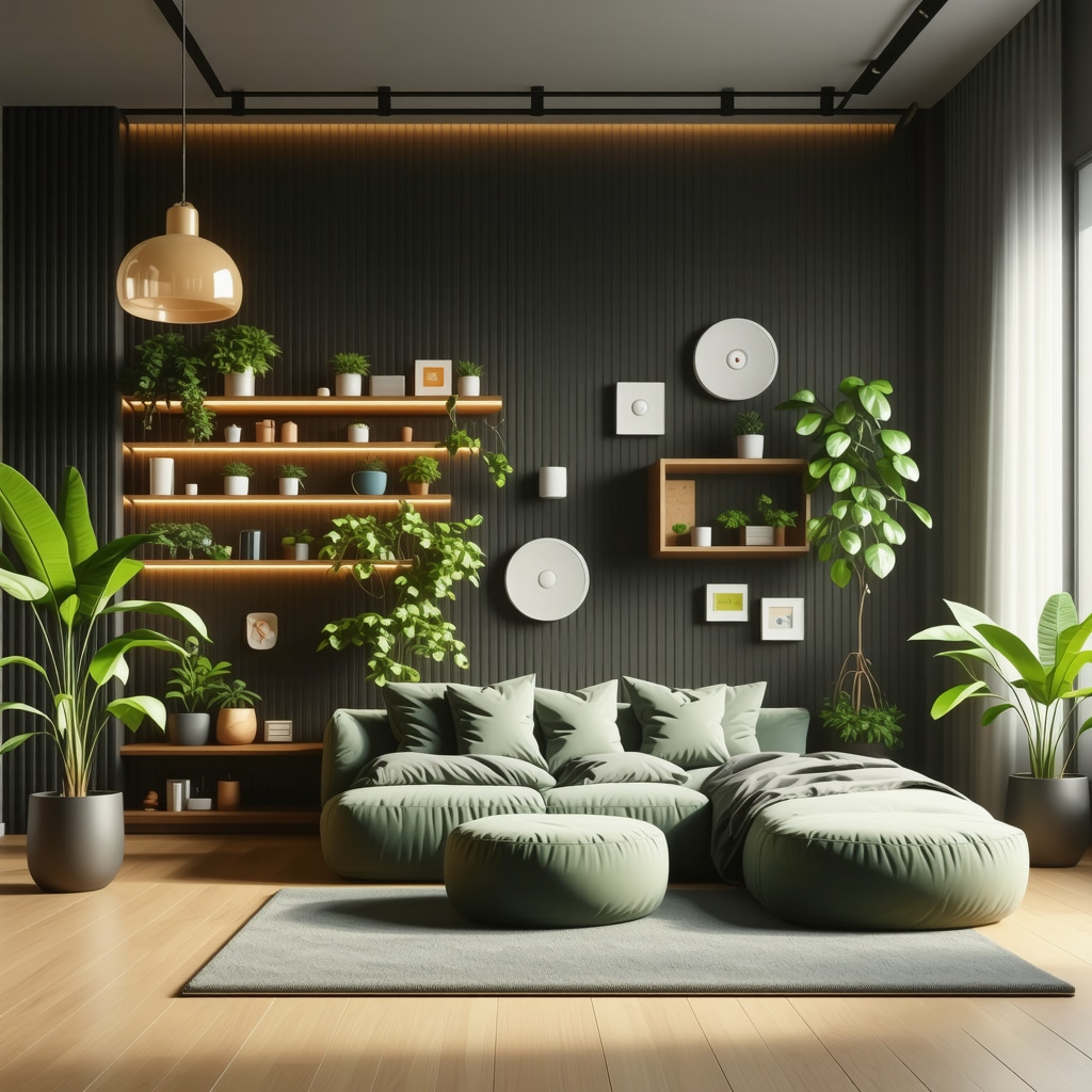 Small apartment interior featuring recycled material furniture and smart IoT technology for efficient organization