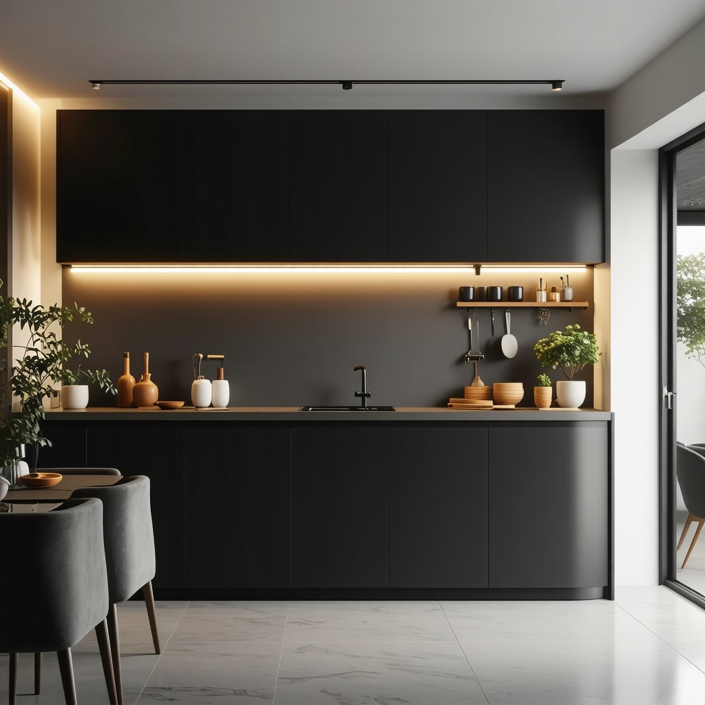 Small kitchen interior featuring LED under-cabinet lighting, ergonomic furniture layout, and modular storage