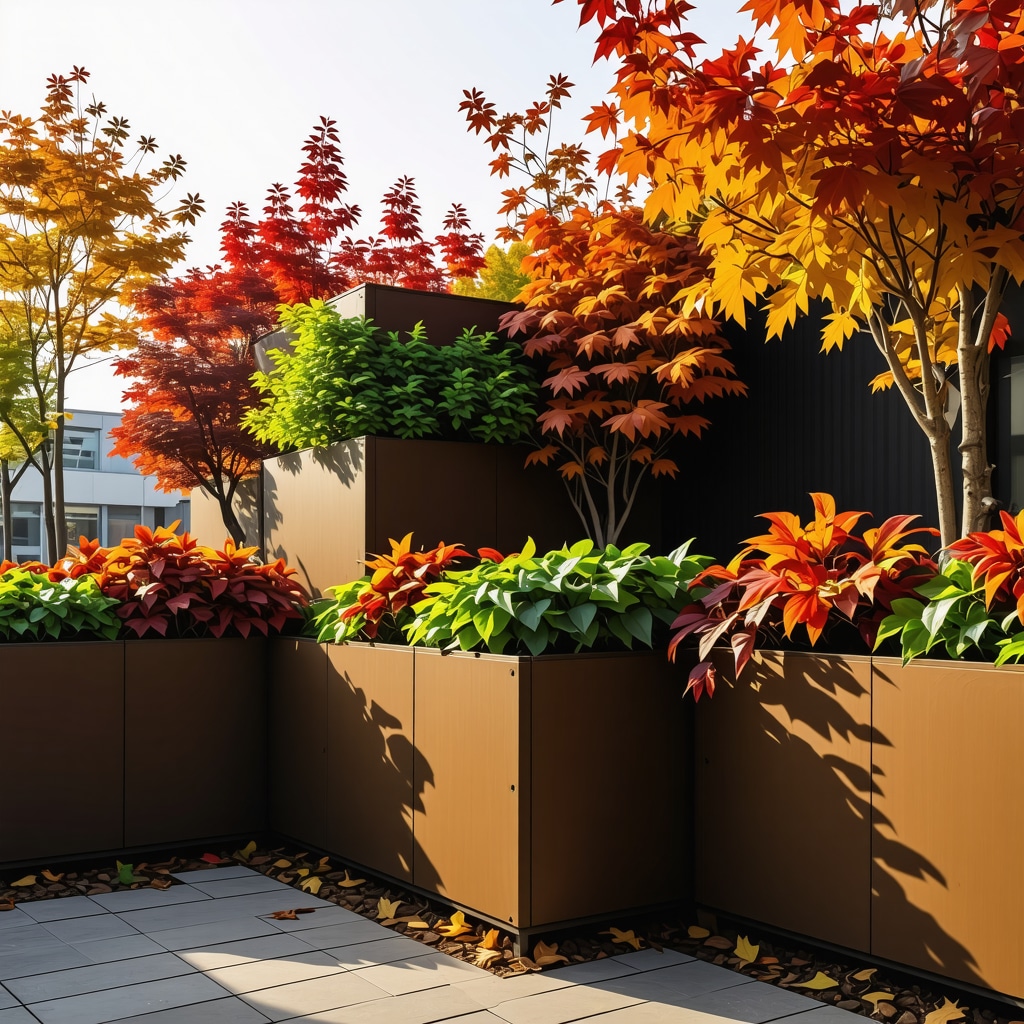 Modern autumn garden featuring modular planter boxes with smart irrigation and solar-powered watering systems