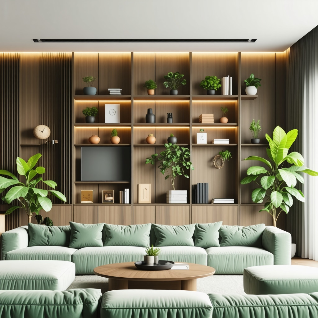 Illustration of a modular DIY home organization system equipped with smart sensors and sustainable materials in a contemporary living room