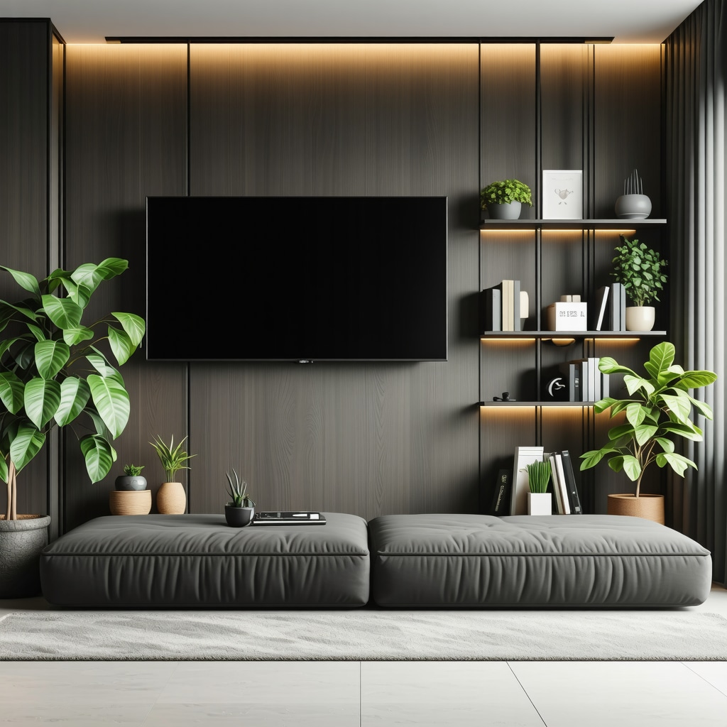 Compact modular furniture with smart sensors and sliding mechanisms in a small apartment