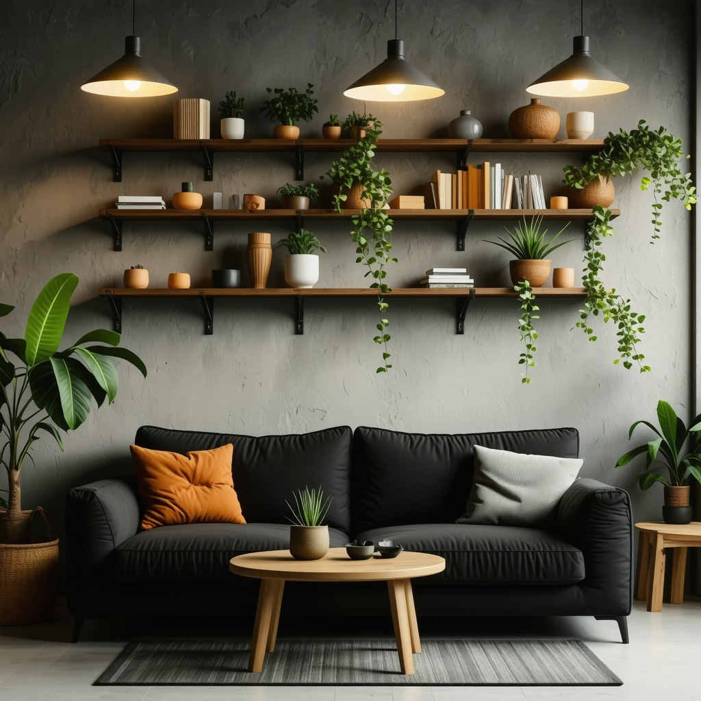 Cozy living room featuring handmade wooden shelves, eco-friendly recycled furniture, and soft ambient lighting from DIY lamps