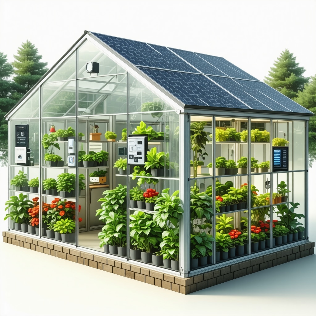 Diagram illustrating sensors, AI microcontrollers, hydroponic systems, and solar panels in a smart winter greenhouse
