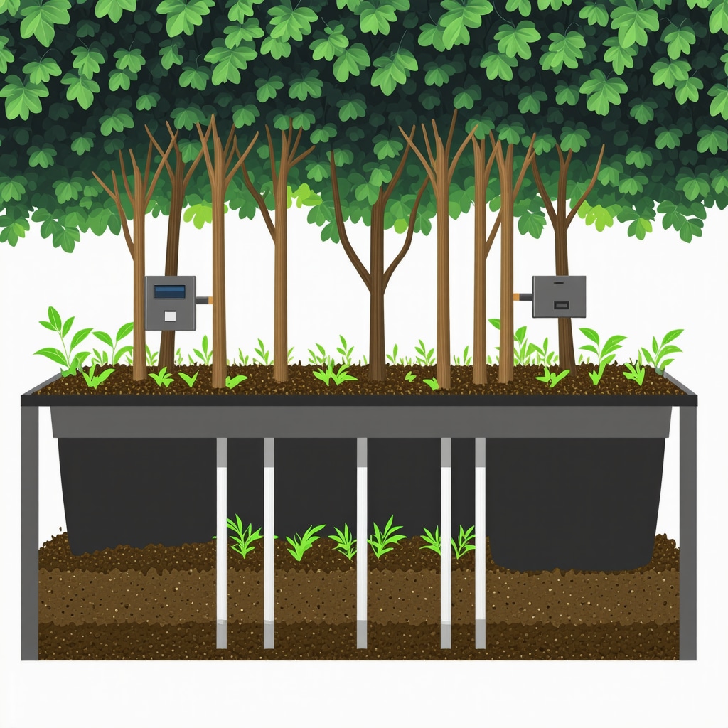 Diagram showing a DIY compost bin equipped with moisture and temperature sensors and automated ventilation system