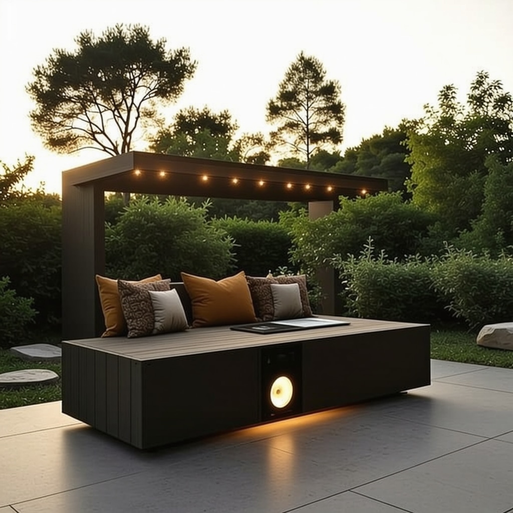 A modern DIY garden bench integrated with solar panels, Bluetooth speakers, and LED lights in a backyard setting