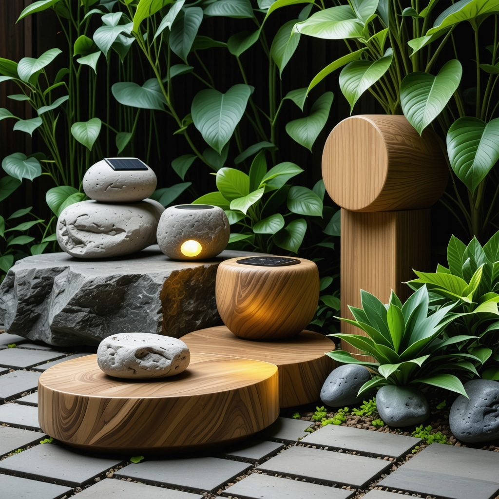 Modern sustainable garden featuring natural wooden decorations equipped with moisture sensors and solar stone lamps