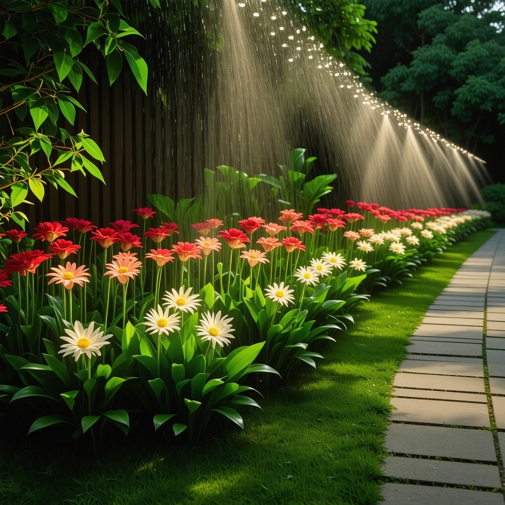 Summer garden with smart drip irrigation system and LED lighting enhancing flower arrangements