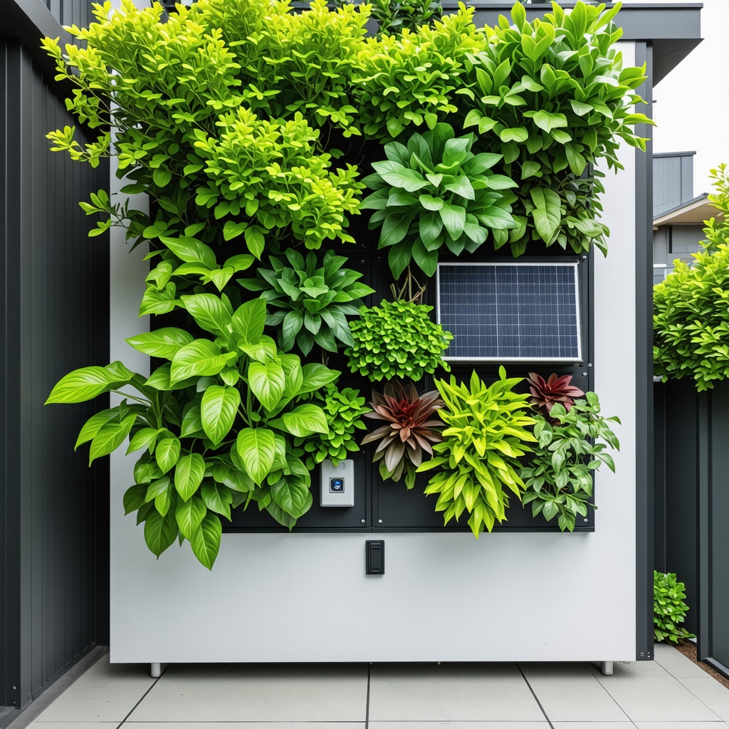 Vertical garden with smart drip irrigation sensors and solar panels in urban backyard