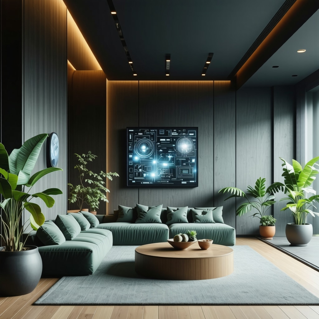 Futuristic smart home interior featuring AI energy management and nanotechnology insulation materials