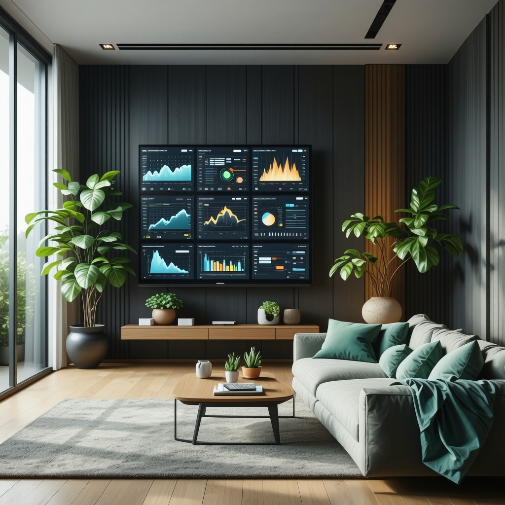 Smart home interior displaying AI-based energy monitoring and renewable energy integration