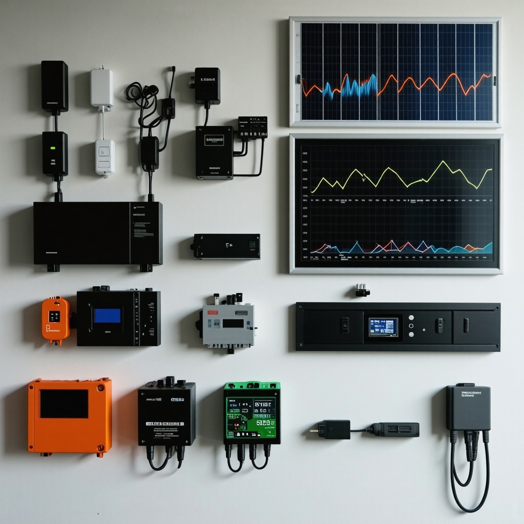 Control panel displaying solar energy data, battery status, and IoT device metrics for smart energy management in a home