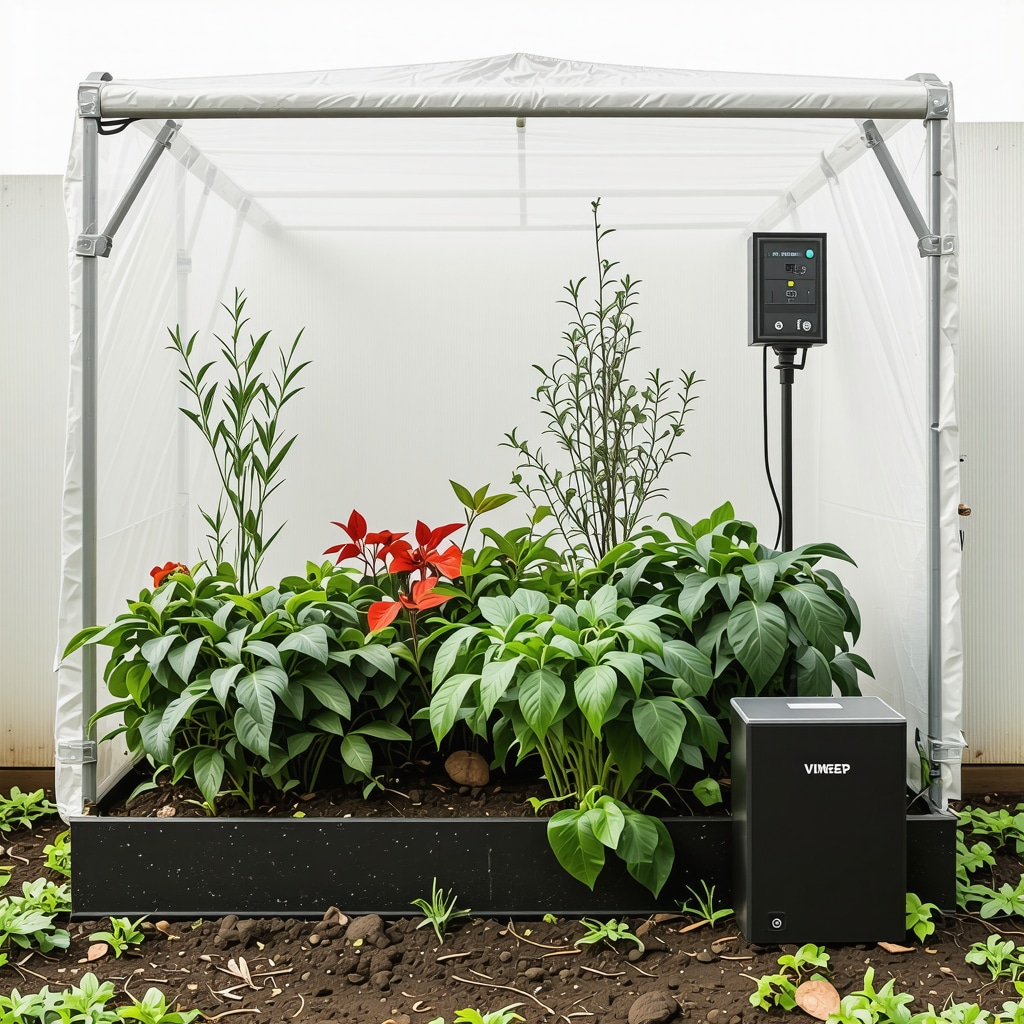 Modern garden with digital sensors, solar heaters, and protective plant covers during winter