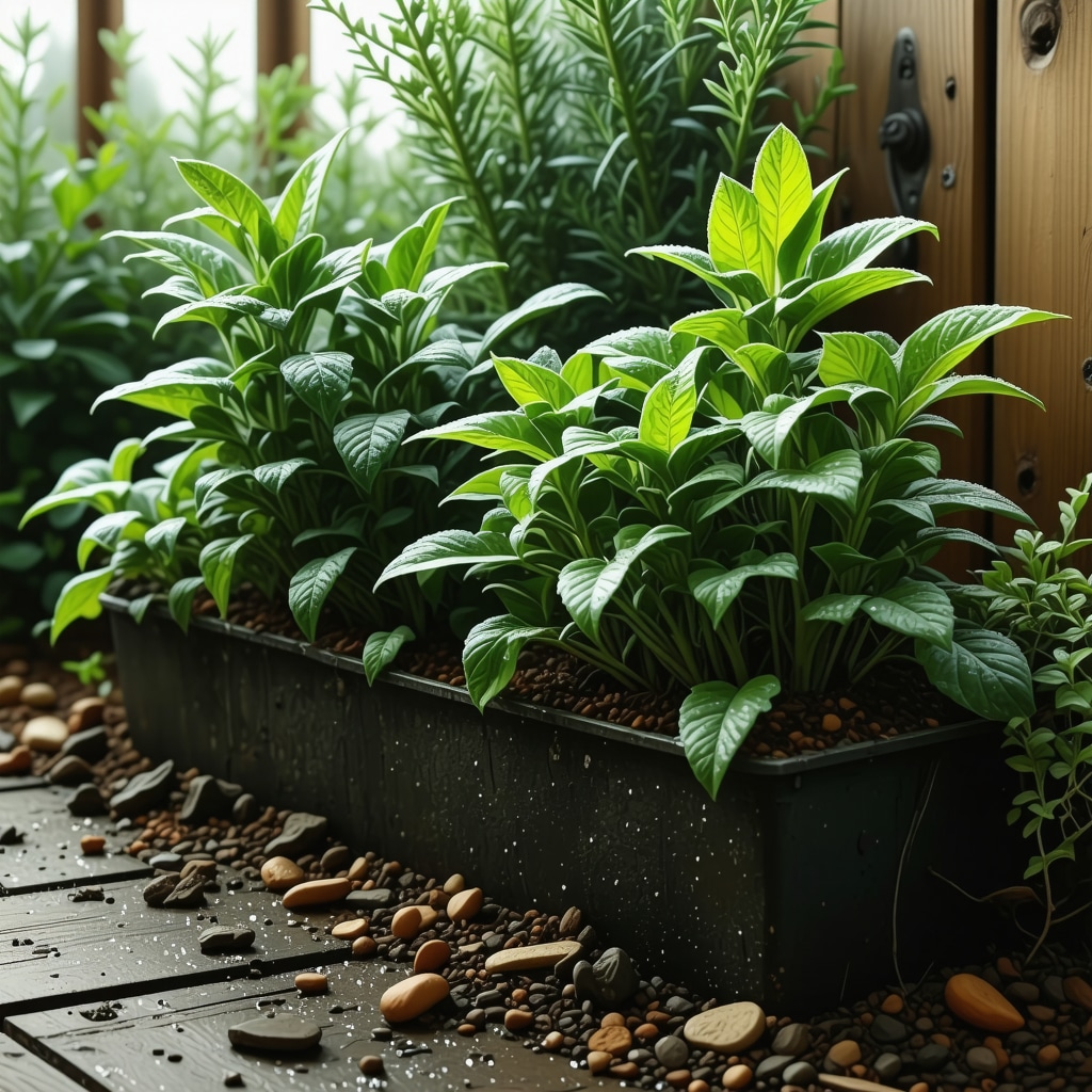Winter garden featuring natural mulch, automated moisture sensors, and LED grow lights protecting plants from frost