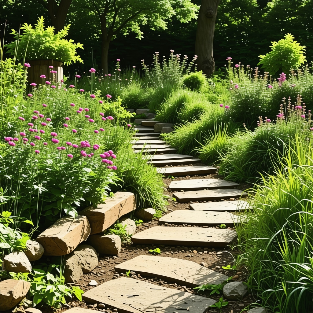 Wild garden with native plants and stone pathways blending natural and designed elements