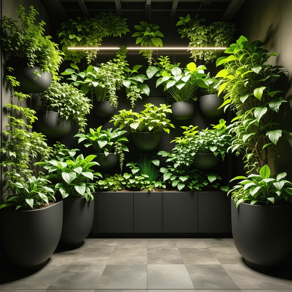 Compact small urban garden featuring IoT sensors, automated watering, and vertical modular plant systems