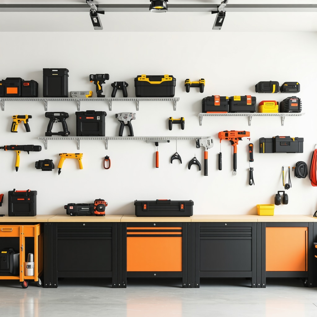 A modern garage organizer showcasing modular shelves, integrated smart sensors, and LED lighting in a spacious garage