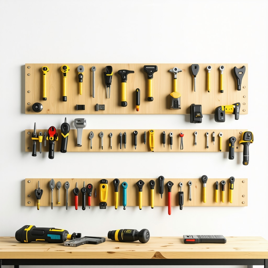 A modern DIY tool rack featuring RFID tags, LED lights, and sustainable wood in an ergonomic workshop setup