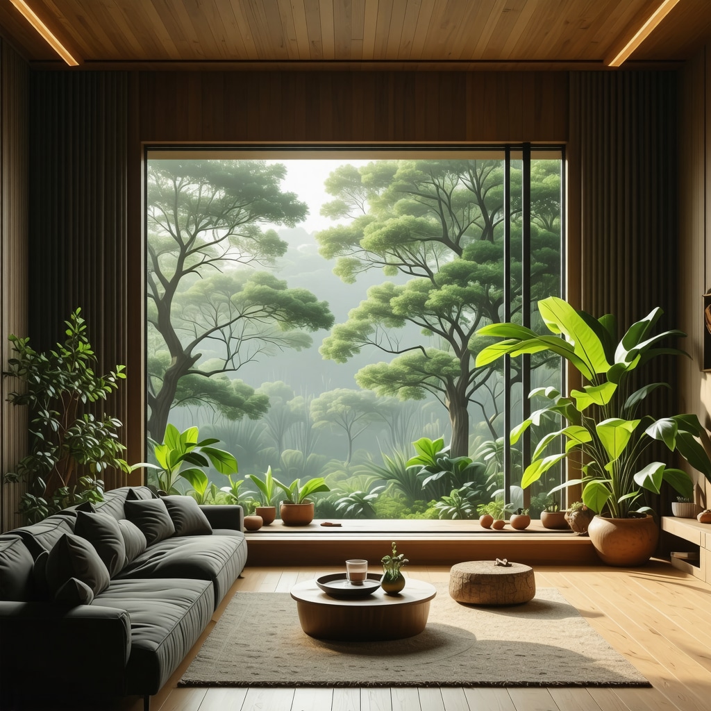 Living room window featuring natural material decorations combined with smart LED lighting creating warm ambiance