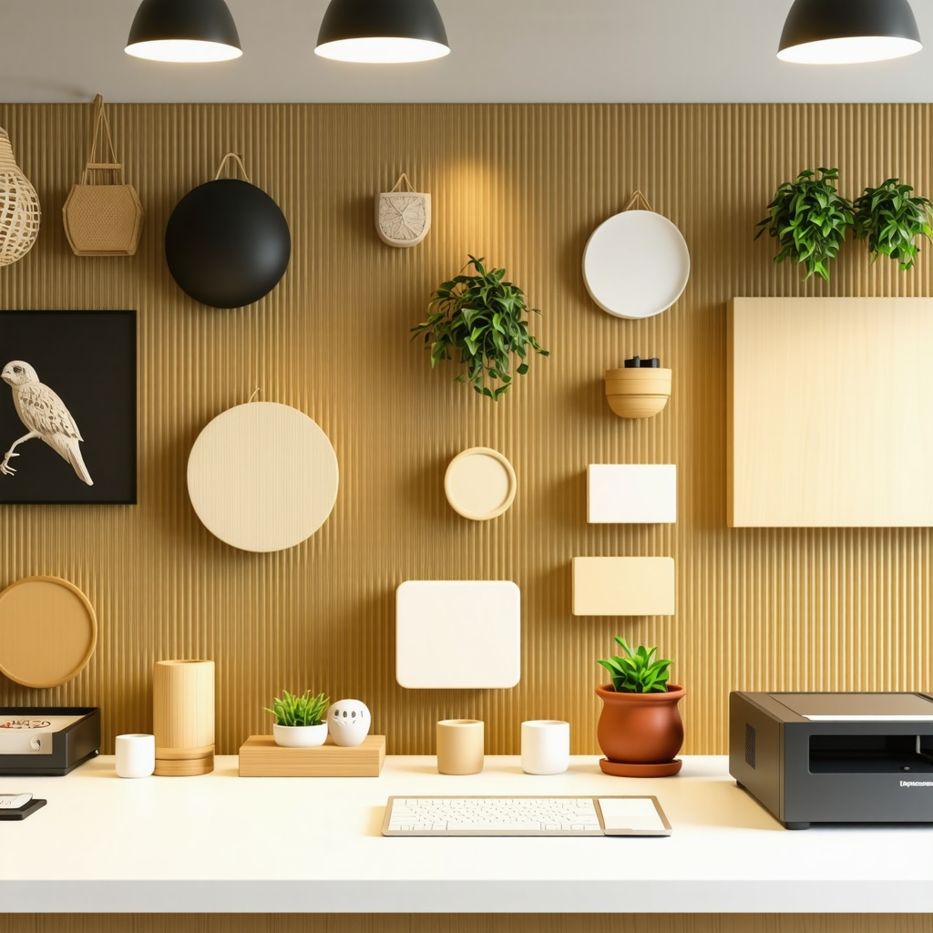A workspace showing laser cutter, 3D printer, eco-friendly materials, and intricate DIY home decorations
