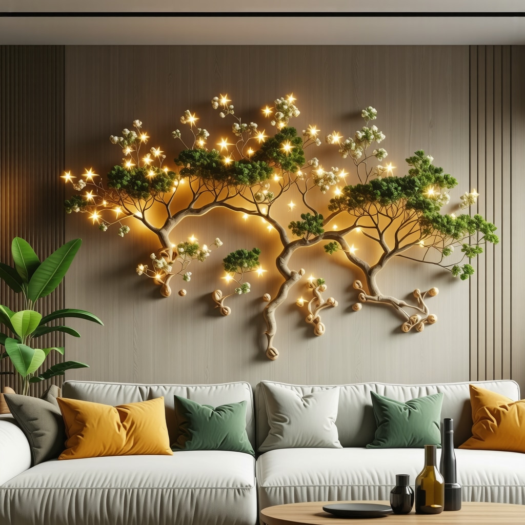 Innovative DIY smart LED light wall decoration with wood and recycled materials in a cozy living room