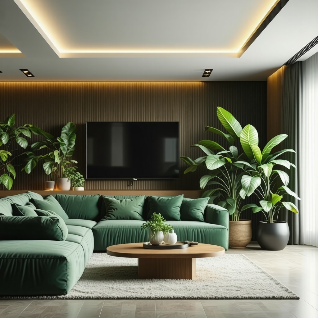 Living room interior featuring advanced DIY smart LED lighting integrated with natural plants and materials