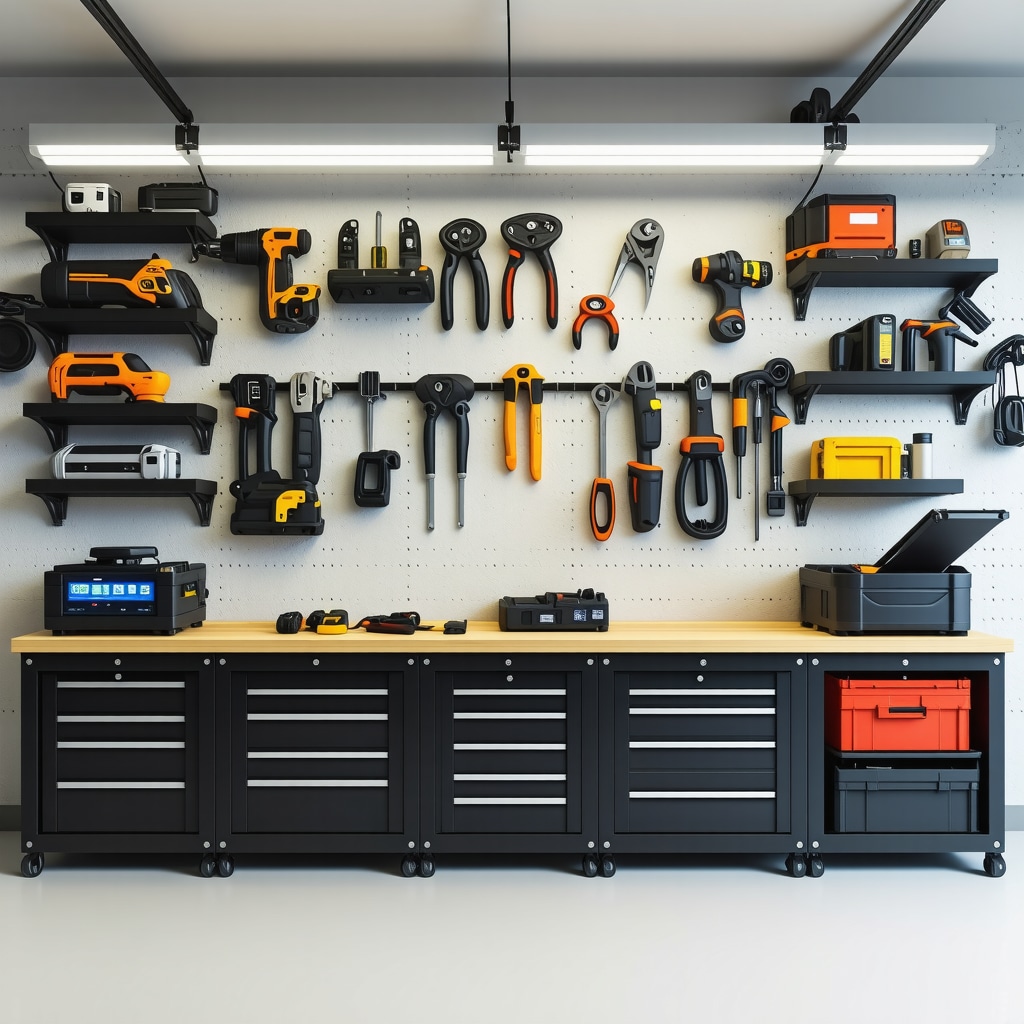 Modern garage organizer system featuring modular components and smart IoT integration for efficient tool management