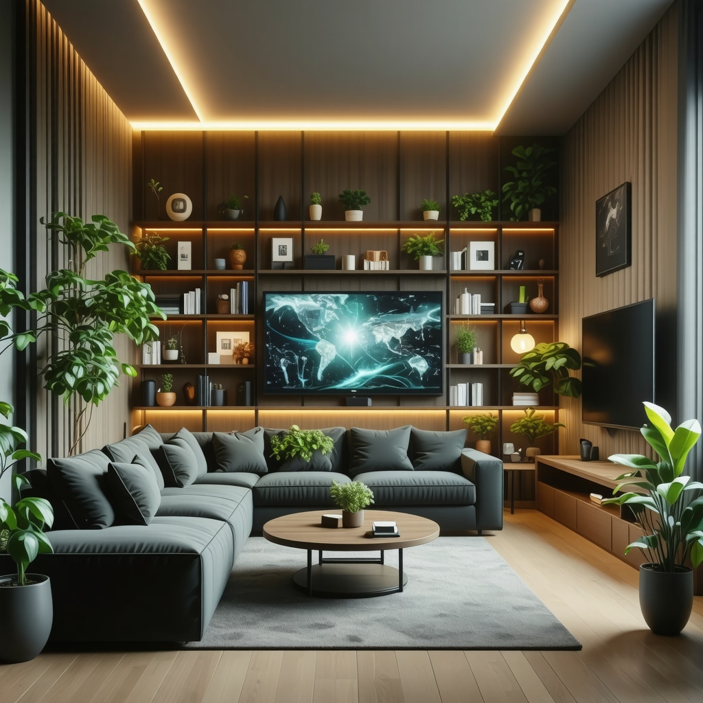 Small urban apartment interior featuring multifunctional furniture, smart storage systems, and dynamic LED lighting