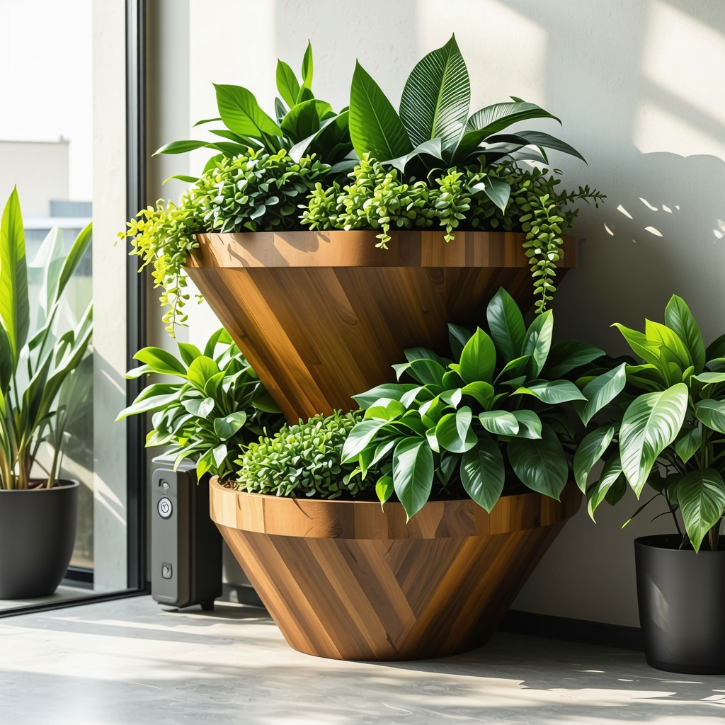 Wooden DIY plant stand equipped with smart sensors and solar panels in a small urban garden