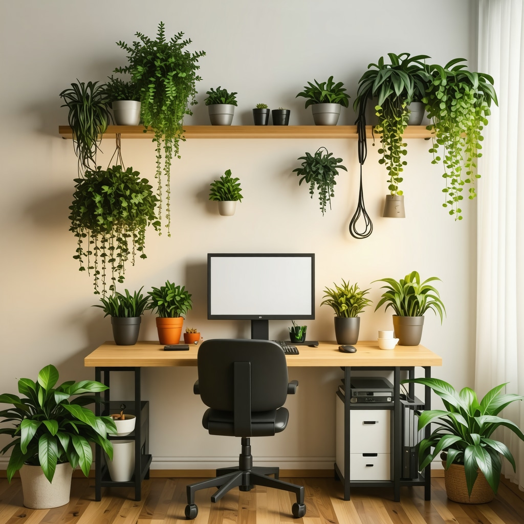 A cozy small home workspace with modular furniture, natural plants, and warm smart lighting