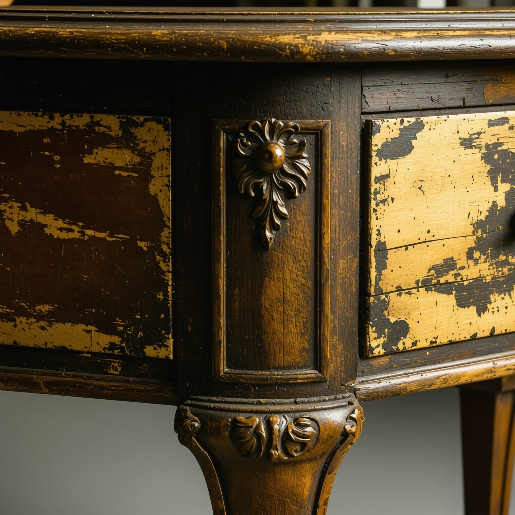 Close-up image of antique wooden furniture decorated with gold leaf