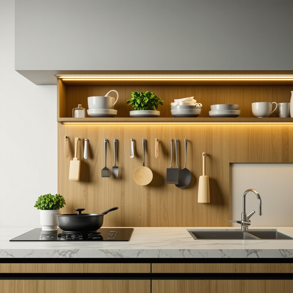 A modern DIY kitchen organizer integrating RFID sensors and LED lighting with modular wooden and metal components
